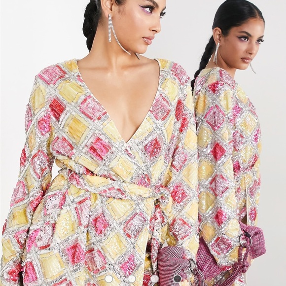 ASOS EDITION embellished belted wrap mini dress in diamond sequin - Picture 4 of 4